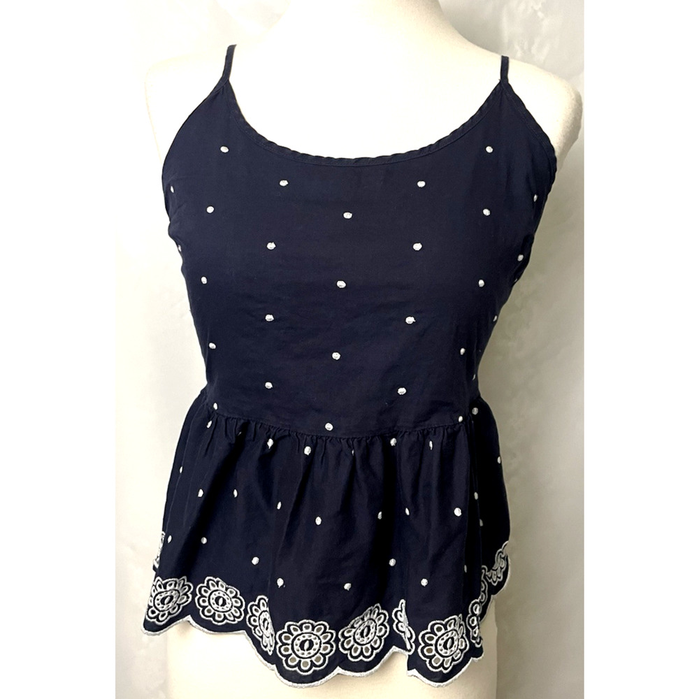 Arizona Women's Blue Top Babydoll Adjustable Spaghetti Y2K Embroidered Jr Sz M